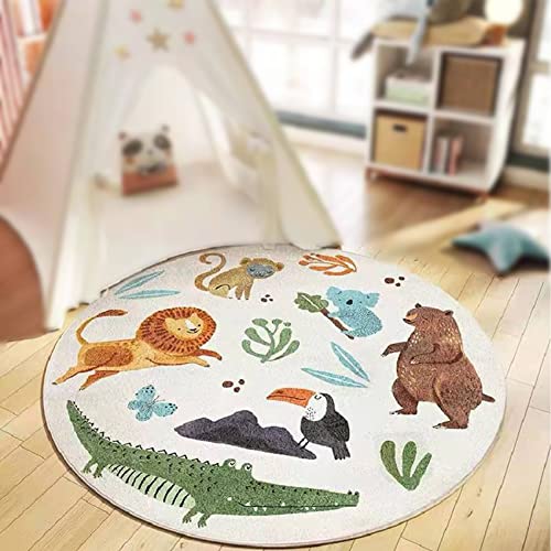 ARUGYTEI Kinderteppiche Weiches Kaschmirimitat Teppiche Rund Kinderzimmer Kinderteppich, Spielteppich, Waschbar, rutschfeste,Löwe-Krokodil-Affen-Tiermuster, ø 140 cm von ARUGYTEI