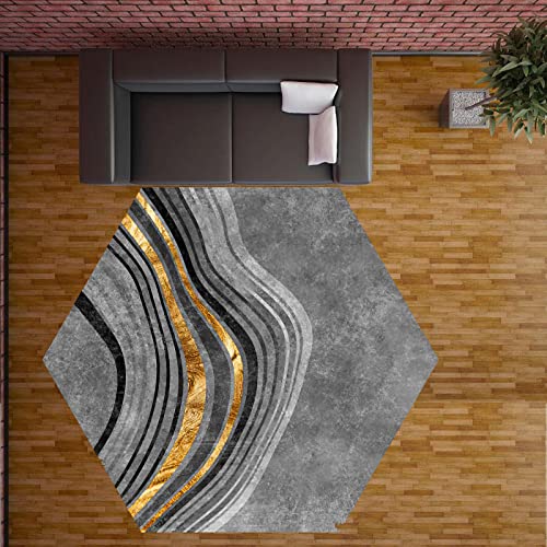 ARUGYTEI Teppich Hexagon,grau schwarz Gold geometrisch,Teppiche für Wohnzimmer Schlafzimmer drinnen Zimmer, draussen Balkon Garten Picknick Camping,Diameter 190cm von ARUGYTEI