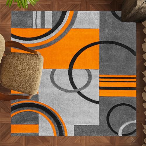 ARUGYTEI Teppich Quadratisch,Schwarz Grau Geometrisches Kreisdesign Modern, Orange,120 x 120 cm, Wohnzimmer Schlafzimmer Kinderzimmer von ARUGYTEI