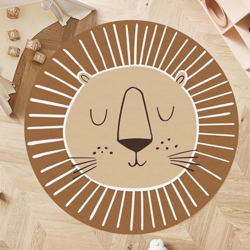 Runder Teppich Löwenkopf Muster Carpet Lion Rugs,Beige Brown, ø 160 cm, Design Rund Kinderteppich Teppiche Matte Kinder Schutzmatten Kindermatte Junge Mädchen Spielteppich von ARUGYTEI