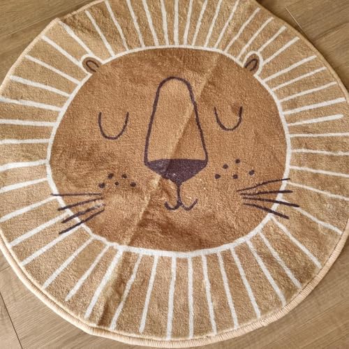 Runder Teppich Löwenkopf Muster Carpet Lion Rugs,Brown Wood, ø 150 cm, Design Rund Kinderteppich Teppiche Matte Kinder Schutzmatten Kindermatte Junge Mädchen Spielteppich von ARUGYTEI
