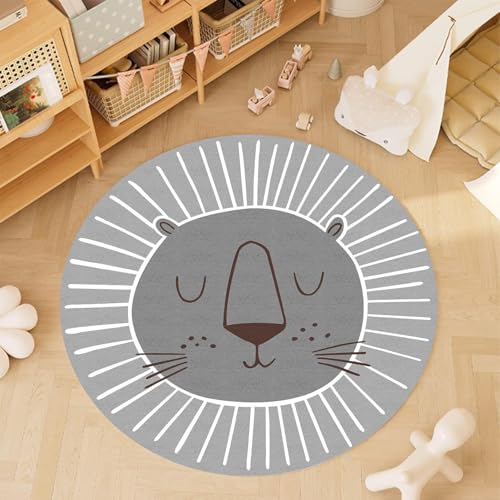 Runder Teppich Löwenkopf Muster Carpet Lion Rugs,Grey White, ø 200 cm, Design Rund Kinderteppich Teppiche Matte Kinder Schutzmatten Kindermatte Junge Mädchen Spielteppich von ARUGYTEI