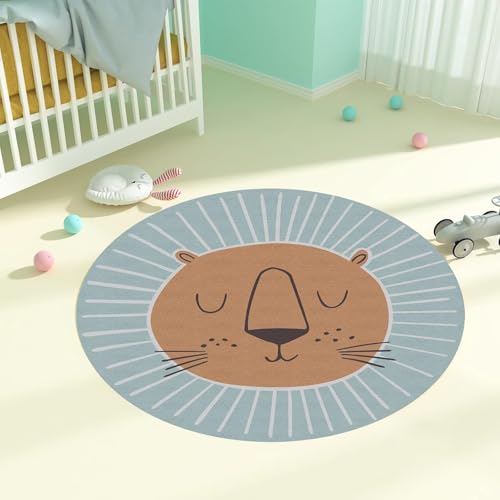 Runder Teppich Löwenkopf Muster Carpet Lion Rugs,Light Blue, ø 180 cm, Kinderzimmerteppich Weiches Teppiche Rund Junge Mädchen Kinderteppich Spielteppich, Waschbar, von ARUGYTEI