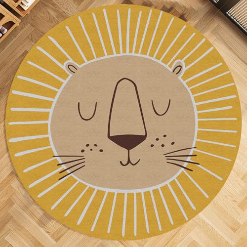 Runder Teppich Löwenkopf Muster Carpet Lion Rugs,Mustard Beige, ø 190 cm, Design Rund Kinderteppich Teppiche Matte Kinder Schutzmatten Kindermatte Junge Mädchen Spielteppich von ARUGYTEI
