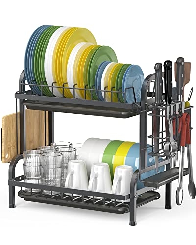 ARVINKEY Dish Drying Rack, 2-Tier Dish Rack mit Tropfschale und 4-Haken, Rostfreier Dish Drainer mit Utensilienhalter und Schneidebretthalter Großer Spülbecken Drainer Rack von ARVINKEY