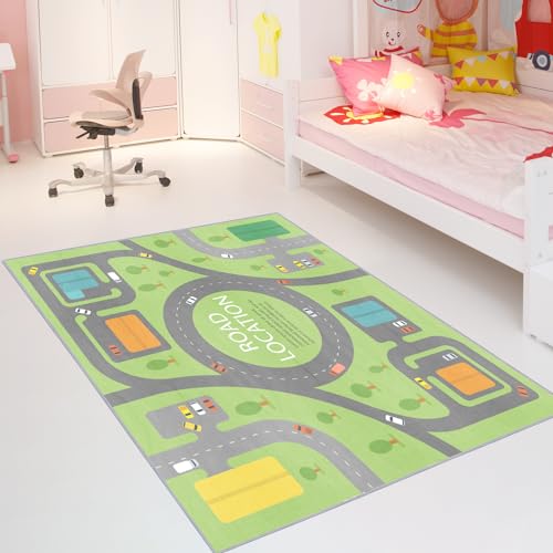 ARVOV Teppich Kinderzimmer Kinderteppich Spielteppich Kurzflor rutschfest Stadtverkehr Szene Karte Spiel Spielzeug Decke Straße Spur Parkplatz Matte 120x160cm (Grün) von ARVOV