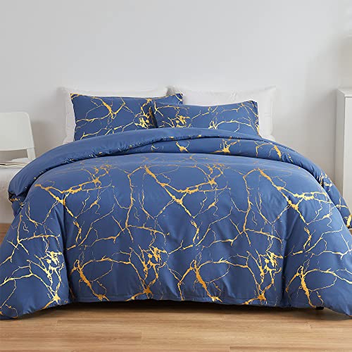 ARYURBU Bettwäsche Set 3tlg Romantisch Blau 1x Bettbezug 200x220 cm und 2X Kopfkissenbezüge 80x80 cm Chic Gold Marmor Blitz Muster für Einzelbett mit Reißverschluss Weich Mikrofaser Pflegeleicht von ARYURBU