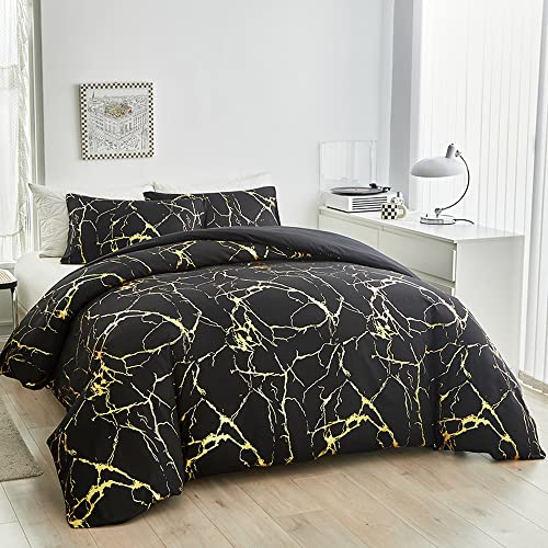 ARYURBU Schwarz Bettwäsche 135x200 cm 2er Set 1x Bettbezug 135x200cm und 1x Kissenbezug 80x80cm Mikrofaser Gold Marmor Glitzermuster für Herren Einzelbett mit Reißverschluss Pflegeleicht von ARYURBU