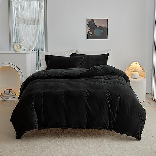 ARYURBU Teddy-Fleece-Touch-Bettbezug für Doppelbett – warme, weiche Bettwäsche-Sets, bequemer schwarzer Bettbezug mit Kissenbezug, glatte Reißverschlüsse von ARYURBU