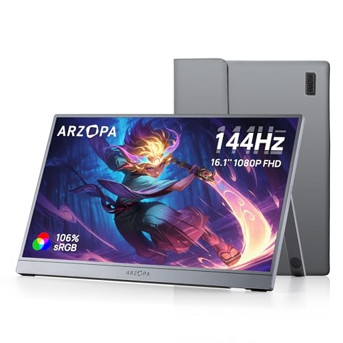 ARZOPA 16.1'' 144Hz Portable Monitor with Storage Bag, 100% sRGB 1920×1080P FHD HDR 144HZ Gaming Monitor, Ultra Slim - Eye Protection-External Second Screen for Laptop/PC/Mac/PS3/4/5/Xbox - Z1FC（Grey） von ARZOPA