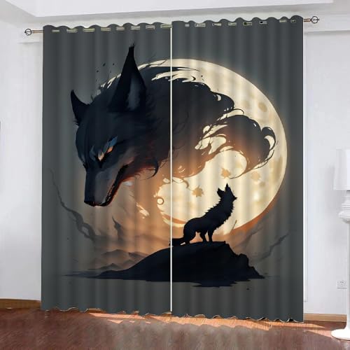 ARiXIaNg Gardinen Blickdicht Wolf Kinderzimmer Vorhänge Kawaii-Tiere Polyester Vorhänge Abdunkelnd Blickdichte Schallschutz Gardinen mit Ösen 2er-Pack (140x160 cm) von ARiXIaNg