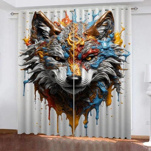 ARiXIaNg Gardinen Kinderzimmer Wolf 3D Verdunklungsvorhänge 2er Set mit Ösen Kawaii-Tiere 3D Polyester Verdunkelungsvorhang für Wohnzimmer Wohnkultur 2-Set (234x183 cm) von ARiXIaNg