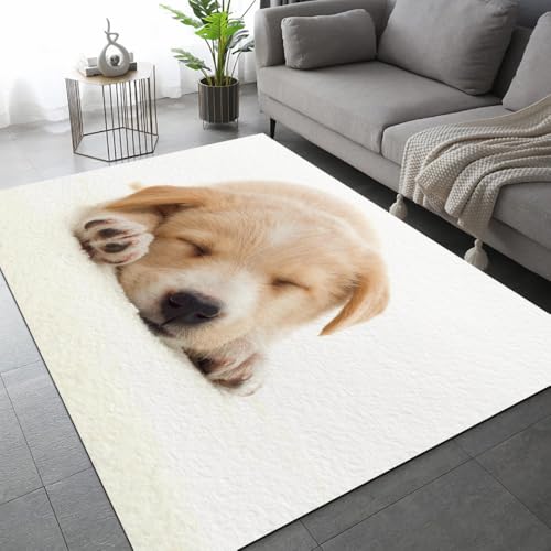 ARiXIaNg Hund Teppich Kinderteppich Modern 3D Kleiner Süßer Golden Retriever Teppich Schlafzimmer rutschfeste FußMatte Kinder Teenager Kurzflor Teppiche FüR Flur Wohnzimmer Boden Teppich 140x200 cm von ARiXIaNg