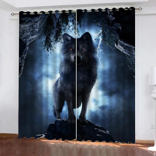 ARiXIaNg Vorhang Blickdicht Wolf 3D Verdunklungsvorhänge mit Ösen Gardinen Tiere Blitze Schlafzimmer Vorhang Wetterfest für Wohnzimmer 2er Set (234x137 cm cm) von ARiXIaNg
