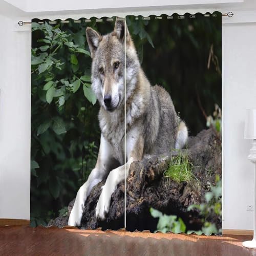 ARiXIaNg Vorhang Wolf Blickdicht Schallschutz Gardinenmit Ösen 2er Set Kindervorhänge Polyester 3D Drucken Tier Verdunkelungsvorhang für Wohnzimmer Schlafzimmer (200x200 cm) von ARiXIaNg