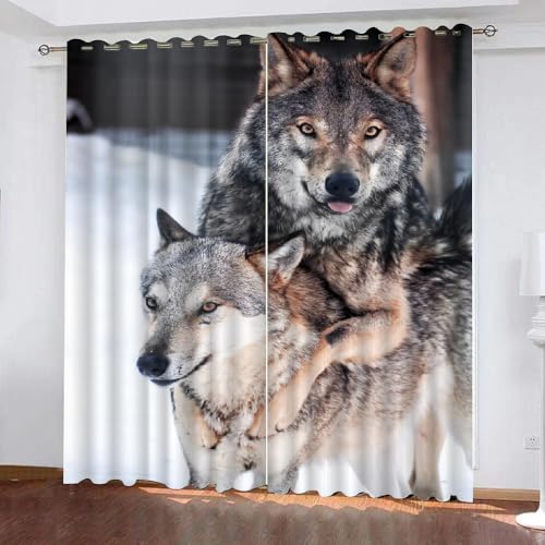 ARiXIaNg Wolf Gardinen Kinderzimmer 3D Verdunklungsvorhänge mit Ösen Kawaii-Tiere Fenstervorhang Junge Mädchen Schlafzimmer Wohnzimmer Küche Vorhang 2-Set (150x166 cm) von ARiXIaNg