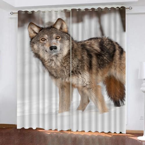 Gardinen Blickdicht Wolf Kinderzimmer Vorhänge Grünland Tiere Polyester Vorhänge Abdunkelnd Blickdichte Schallschutz Gardinen mit Ösen 2er-Pack (140x160 cm) von ARiXIaNg