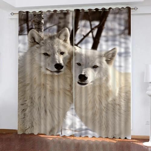 Gardinen Blickdicht Wolf Kinderzimmer Vorhänge Grünland Tiere Polyester Vorhänge Abdunkelnd Blickdichte Schallschutz Gardinen mit Ösen 2er-Pack (140x160 cm) von ARiXIaNg