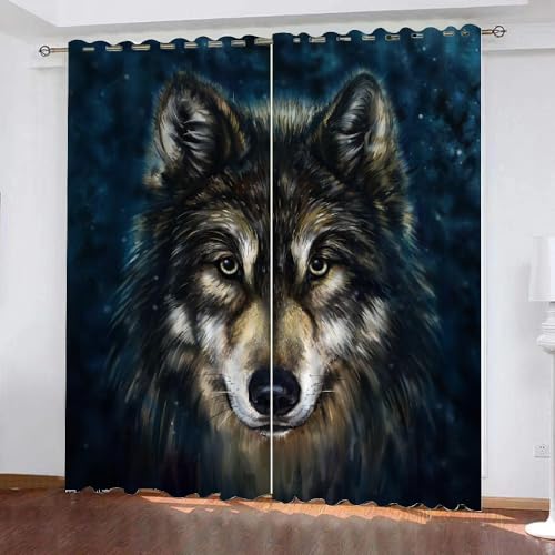 Gardinen Kinderzimmer Wolf 3D Verdunklungsvorhänge 2er Set mit Ösen Grünland Tiere 3D Polyester Verdunkelungsvorhang für Wohnzimmer Wohnkultur 2-Set (234x183 cm) von ARiXIaNg