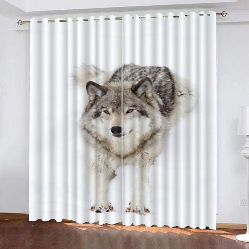 Gardinen Kinderzimmer Wolf 3D Verdunklungsvorhänge 2er Set mit Ösen Grünland Tiere 3D Polyester Verdunkelungsvorhang für Wohnzimmer Wohnkultur 2-Set (234x183 cm) von ARiXIaNg