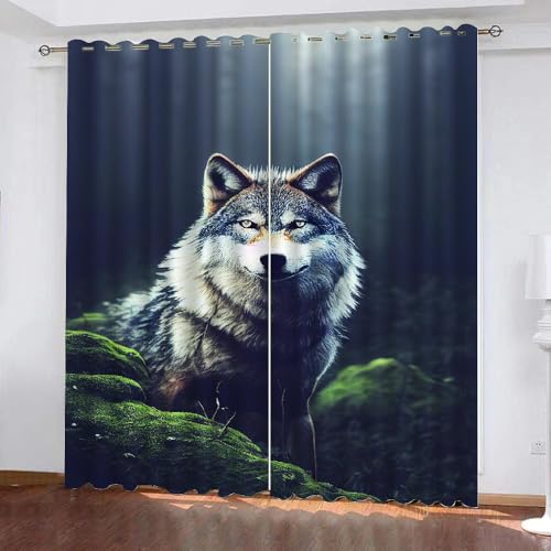 Vorhänge Blickdicht Wolf Kindervorhänge Vorhang mit ösen 2er Set Grünland Tiere 3D Polyester Verdunkelungsvorhang für Kinderzimmer Wohnzimmer Wohnkultur 2-Set (280x250 cm) von ARiXIaNg