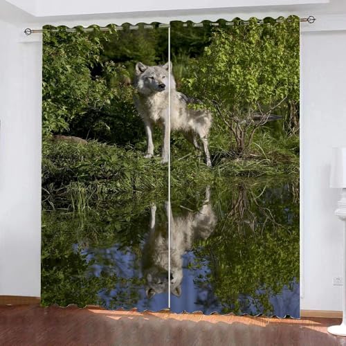 Vorhang Abdunkelnde Wolf Gardinen Blickdicht Grünland Tiere Vorhänge Abdunkelnd Blickdichte Schallschutz Gardinen Schlafzimmer Kinderzimmer mit Ösen 2er-Pack (220x215 cm) von ARiXIaNg
