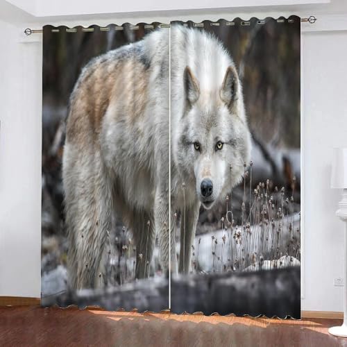 Vorhang Blickdicht Wolf 3D Verdunklungsvorhänge mit Ösen Gardinen Grünland Tiere Schlafzimmer Vorhang Wetterfest für Wohnzimmer 2er Set (234x137 cm cm) von ARiXIaNg