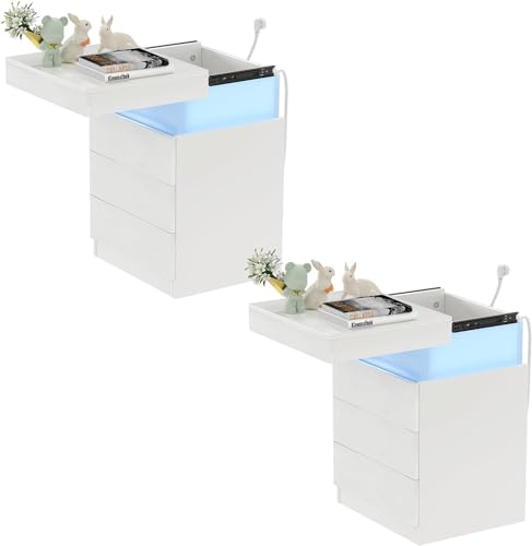 ARunThLana 2er Set Nachttisch LED mit Steckdose & USB, Nachttisch Weiß Hochglanz mit 3 Schubladen 16 Farben, LED-Lichter, 4 Helligkeitsmodi für Schlafzimmer Weiß ARunThLana 2er Set Nachttisch LED mit Steckdose & USB, Nachttisch Weiß Hochglanz mit 3 Schubladen 16 Farben, LED-Lichter, 4 Helligkeitsmodi für Schlafzimmer Weiß von ARunThLana