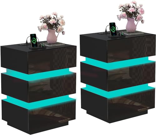 ARunThLana 2er Set Nachttisch mit LED-Licht, Nachttisch mit 3 Schubladen mit Steckdose & USB, 16 Farben, LED-Lichter, 4 Helligkeitsmodi für Schlafzimmer Schwarz von ARunThLana