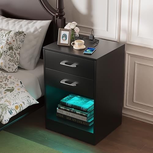 ARunThLana Nachttische mit Steckdose & USB, mit LED-Beleuchtung, mit 2 Schubladen und offenem Fach, 2 AC-Steckdosen, Modern, Für Schlafzimmer, Wohnzimmer, Schwarz von ARunThLana