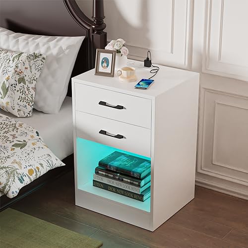 ARunThLana Nachttische mit Steckdose & USB, mit LED-Beleuchtung, mit 2 Schubladen und offenem Fach, 2 AC-Steckdosen, Modern, Für Schlafzimmer, Wohnzimmer,Weiß von ARunThLana