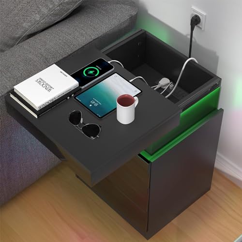 ARunThLana Nachttisch LED mit Steckdose & USB, Nachttisch Schwarz Hochglanz mit 3 Schubladen 16 Farben, LED-Lichter, 4 Helligkeitsmodi für Schlafzimmer Schwarz von ARunThLana