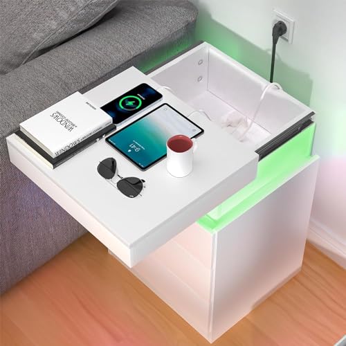 ARunThLana Nachttisch LED mit Steckdose & USB, Nachttisch Weiß Hochglanz mit 3 Schubladen 16 Farben, LED-Lichter, 4 Helligkeitsmodi für Schlafzimmer Weiß von ARunThLana