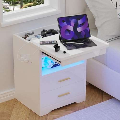ARunThLana Nachttisch mit Steckdose und LED-Beleuchtung, Weiß Hochglanz mit 2 Schubladen für Wohnzimmer, Schlafzimmer von ARunThLana