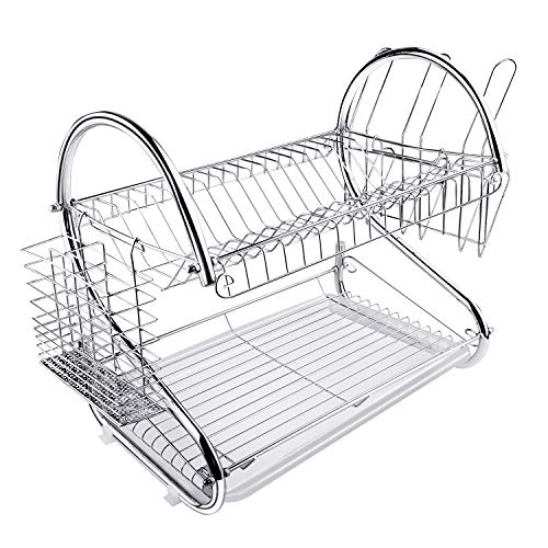 ARyee Two Tier Abtropfhalter Ständer Dish Drainer Rack Silber, Schalen Teller Teller Getränkehalter mit Tropfschale von ARyee