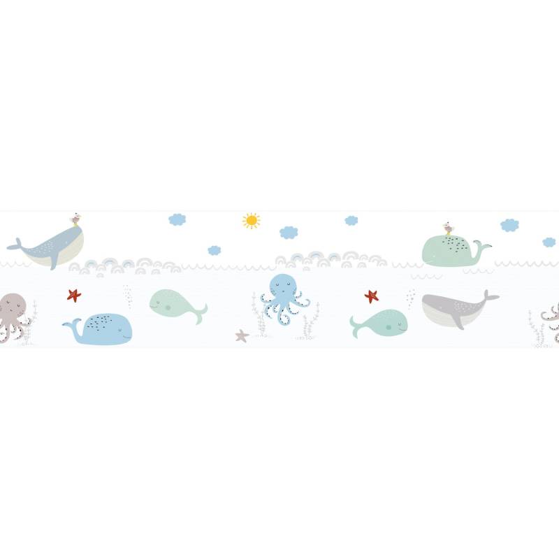 A.S. Création Borte selbstklebend Meerestiere Kinderzimmer 5 m x 15 cm Weiß-Blau von AS-Creation
