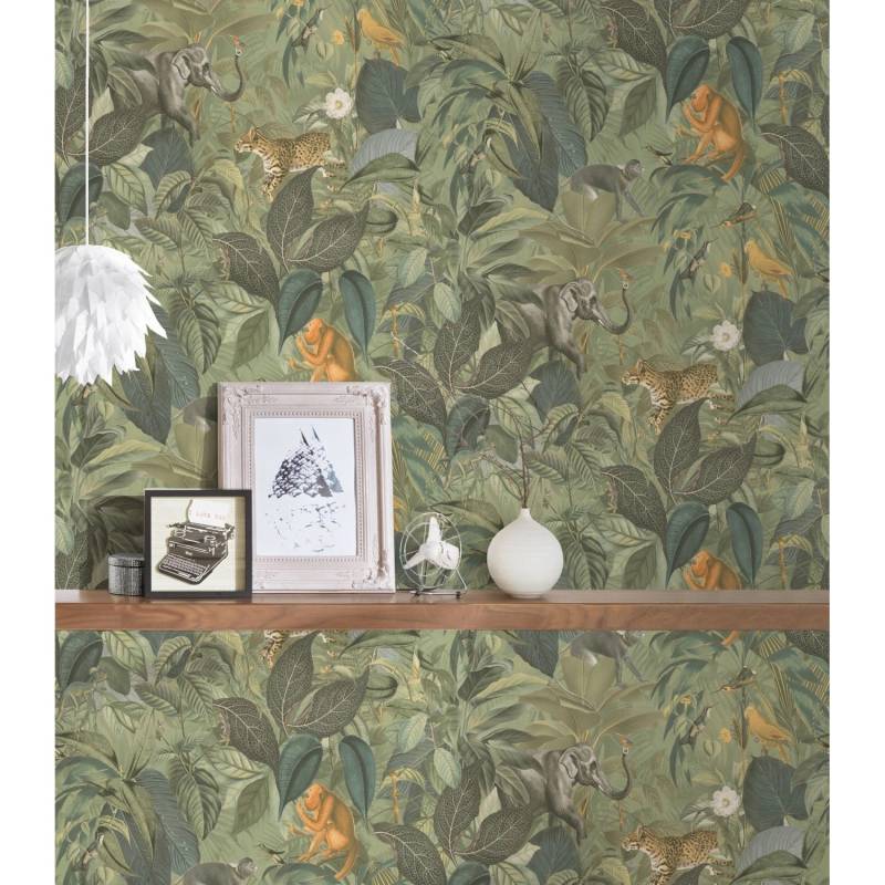 Livingwalls Tapete Dschungelmuster Grün Grau Braun und Gelb 53 cm x 10,05 m AS-387243 von AS-Creation