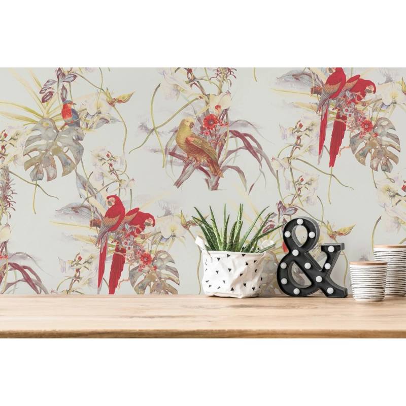 Livingwalls Tapete Vogel Mehrfarbig Weiß Rot und Grün 53 cm x 10,05 m AS-387251 von AS-Creation