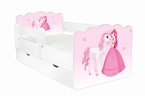 AS-TOR Kinderbett Jugendbett Alex 80x160cm mit Matratze, Schublade und Abnehmbarem Geländer - Bett Schlafzimmer Kindermöbel Kinderbetten für Mädchen Junge, Hochwertige Möbelplatte, Rosa Prinzessin von AS-TOR