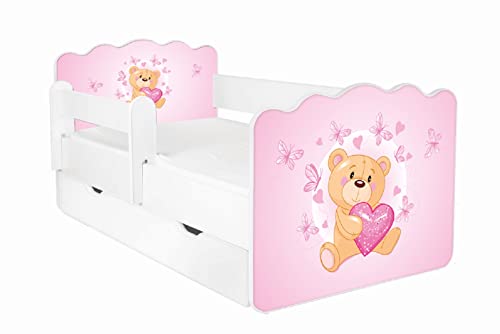 AS-TOR Kinderbett Jugendbett Alex 80x160cm mit Matratze, Schublade und Abnehmbarem Geländer - Bett Schlafzimmer Kindermöbel Kinderbetten für Mädchen Junge, Hochwertige Möbelplatte, Teddybär, Teddybär von AS-TOR