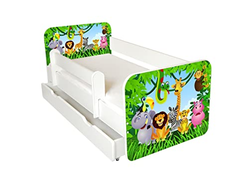 AS-TOR Kinderbett Jugendbett Igor 70x140cm mit Matratze, Schublade und Abnehmbarem Geländer - Bett Schlafzimmer Kindermöbel Kinderbetten für Mädchen Junge, Hochwertige Möbelplatte, Solide Urwald von AS-TOR