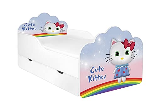 AS-TOR Kinderbett Jugendbett Pola 70x140 mit Matratze und Schublade - Bett Schlafzimmer Kindermöbel Kinderbetten für Mädchen und Junge, Hochwertige Möbelplatte, Solide und Sicher - Cute Kitten von AS-TOR