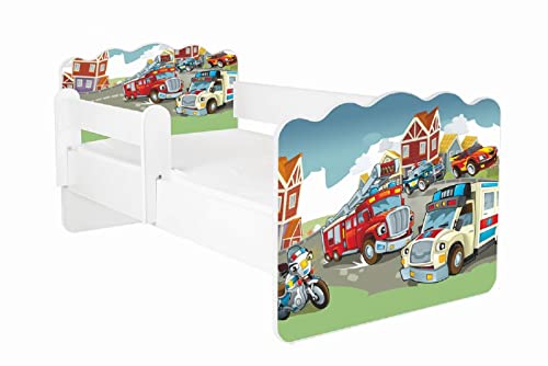 Kinderbett Jugendbett Alex 80x160cm mit Matratze und Abnehmbarem Geländer - Bett Schlafzimmer Kindermöbel Kinderbetten für Mädchen und Junge, Hochwertige Möbelplatte, Solide und Sicher, Autos von AS-TOR