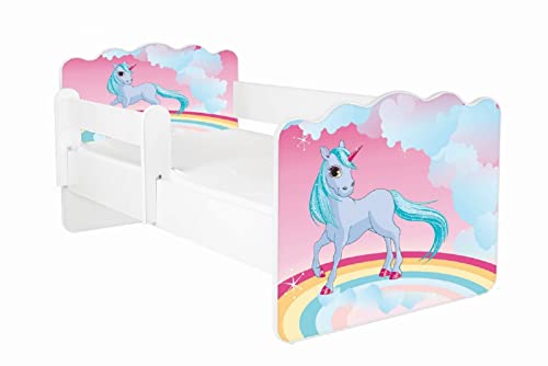 AS-TOR Kinderbett Jugendbett Alex 80x160cm mit Matratze und Abnehmbarem Geländer - Bett Schlafzimmer Kindermöbel Kinderbetten für Mädchen Junge, Hochwertige Möbelplatte, Solide Sicher, Einhorn von AS-TOR