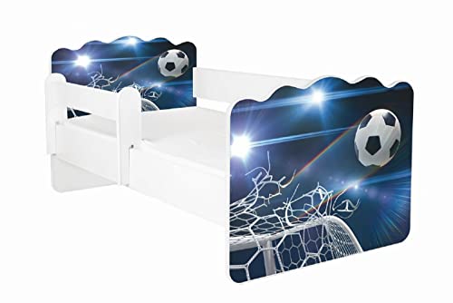 Kinderbett Jugendbett Alex 80x160cm mit Matratze und Abnehmbarem Geländer - Bett Schlafzimmer Kindermöbel Kinderbetten für Mädchen und Junge, Hochwertige Möbelplatte, Solide und Sicher, Fußball von AS-TOR