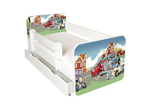 Kinderbett Jugendbett Igor 70x140cm mit Matratze, Schublade und Abnehmbarem Geländer - Bett Schlafzimmer Kindermöbel Kinderbetten für Mädchen und Junge, Hochwertige Möbelplatte, Solide - Autos von AS-TOR