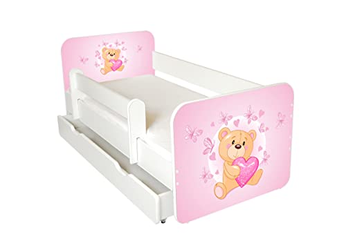 AS-TOR Kinderbett Jugendbett Igor 70x140cm mit Matratze, Schublade und Abnehmbarem Geländer - Bett Schlafzimmer Kindermöbel Kinderbetten für Mädchen und Junge, Hochwertige Möbelplatte - Rosa Teddybär von AS-TOR