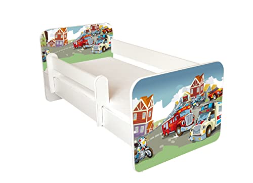 AS-TOR Kinderbett Jugendbett Igor 70x140cm mit Matratze und Abnehmbarem Geländer - Bett Schlafzimmer Kindermöbel Kinderbetten für Mädchen Junge, Massivholz, Solide Sicher, Autos von AS-TOR