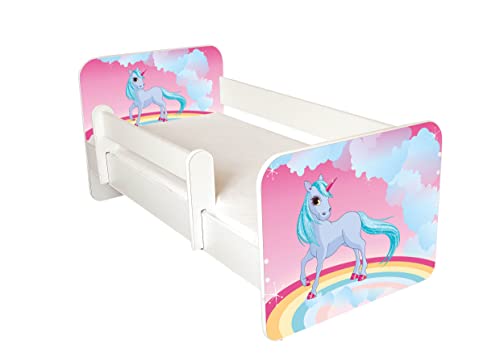 AS-TOR Kinderbett Jugendbett Igor 80x160cm mit Matratze und Abnehmbarem Geländer - Bett Schlafzimmer Kindermöbel Kinderbetten für Mädchen Junge, Massivholz, Solide Sicher, Einhorn von AS-TOR