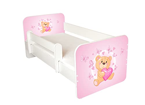 AS-TOR Kinderbett Jugendbett Igor 80x160cm mit Matratze und Abnehmbarem Geländer - Bett Schlafzimmer Kindermöbel Kinderbetten für Mädchen Junge, Massivholz, Solide Sicher, Rosa Teddybär von AS-TOR